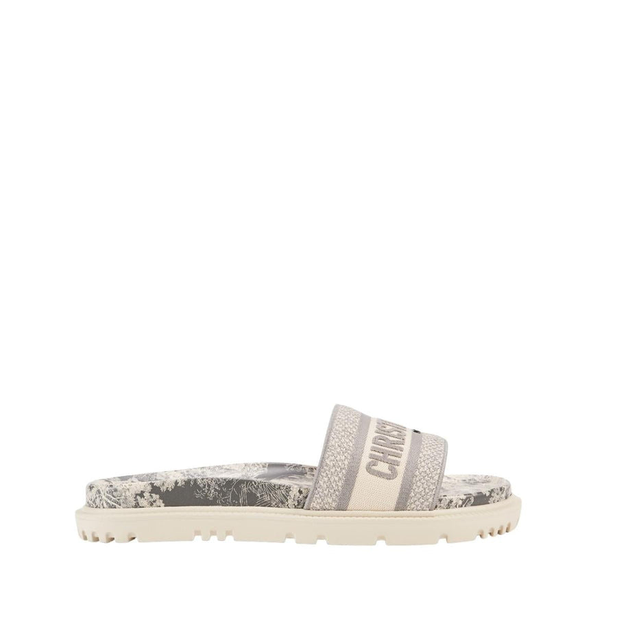 Dior-D-Way Toile De Jouy Cotton Embroidery Slide Sandals - Runway Catalog