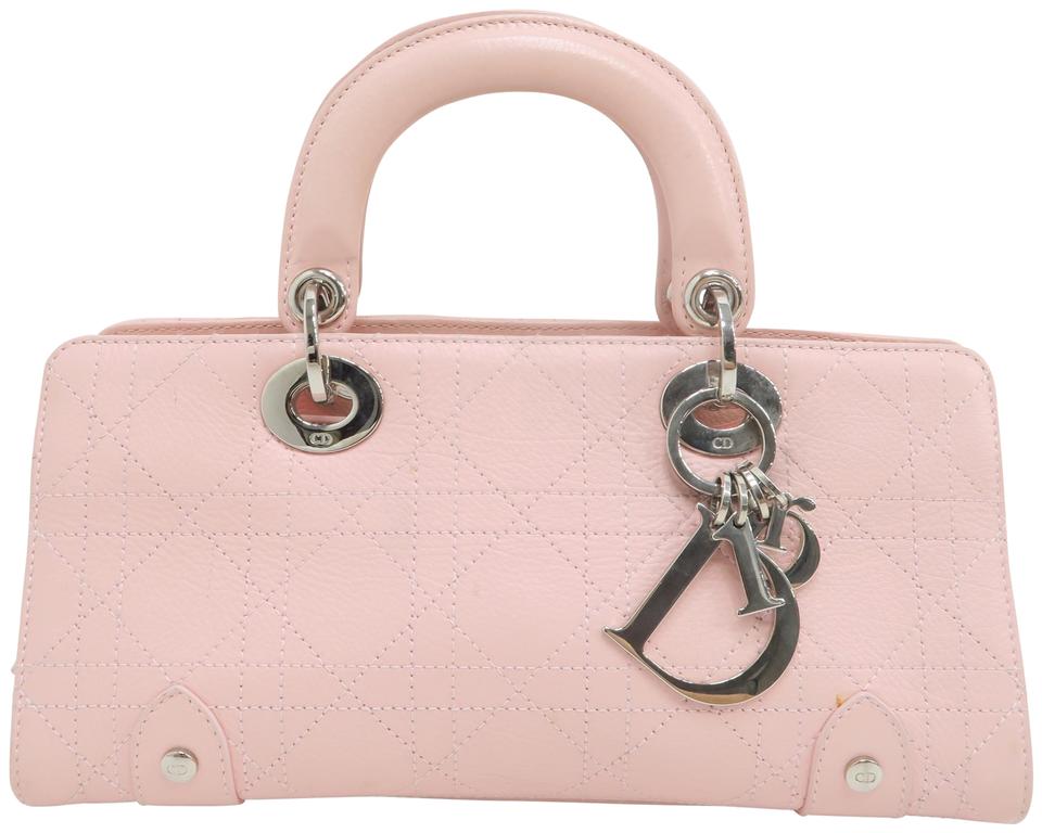 Di**r Lady Christian East/West Cannage Tote Pink Calfskin Leather Satchel