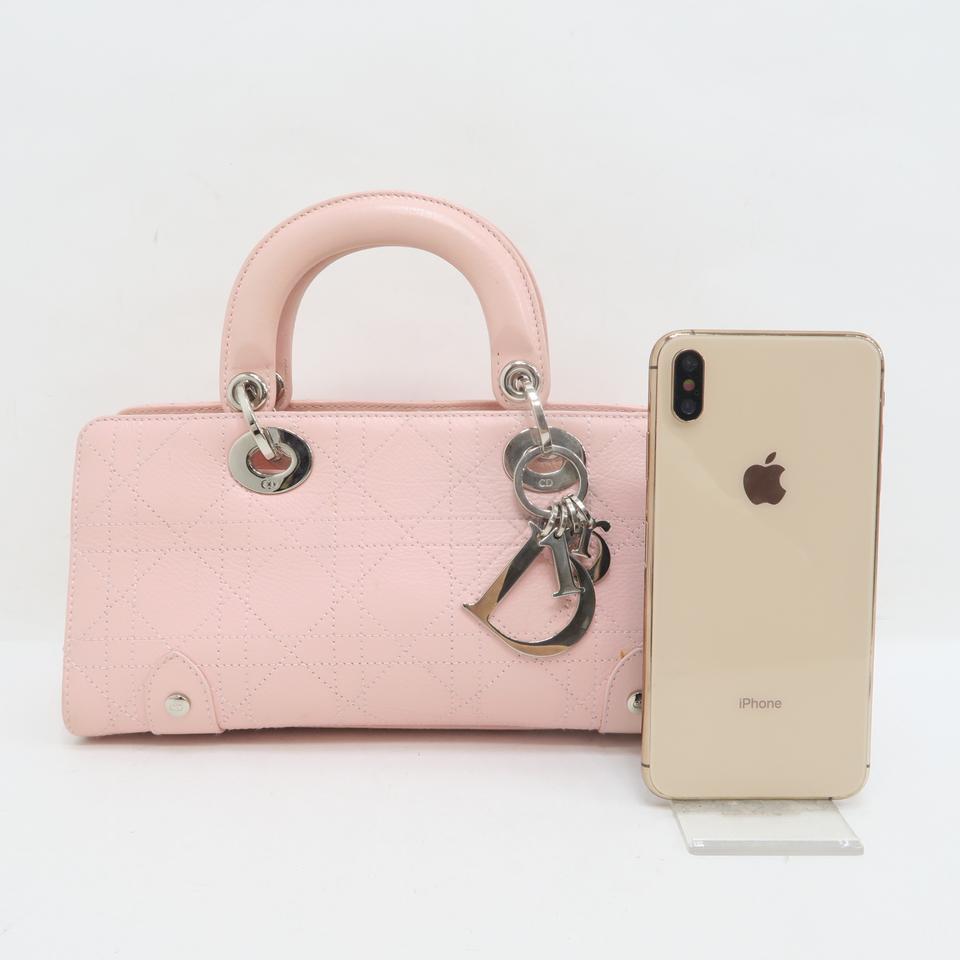 Di**r Lady Christian East/West Cannage Tote Pink Calfskin Leather Satchel