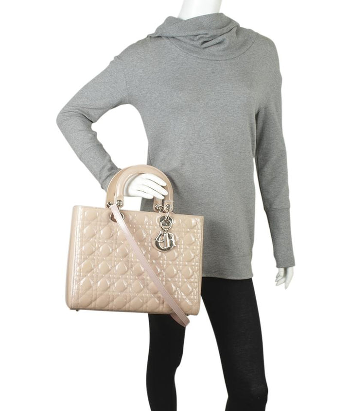 Di**r Lady Large Cannage 2-way Pink Patent Leather Tote