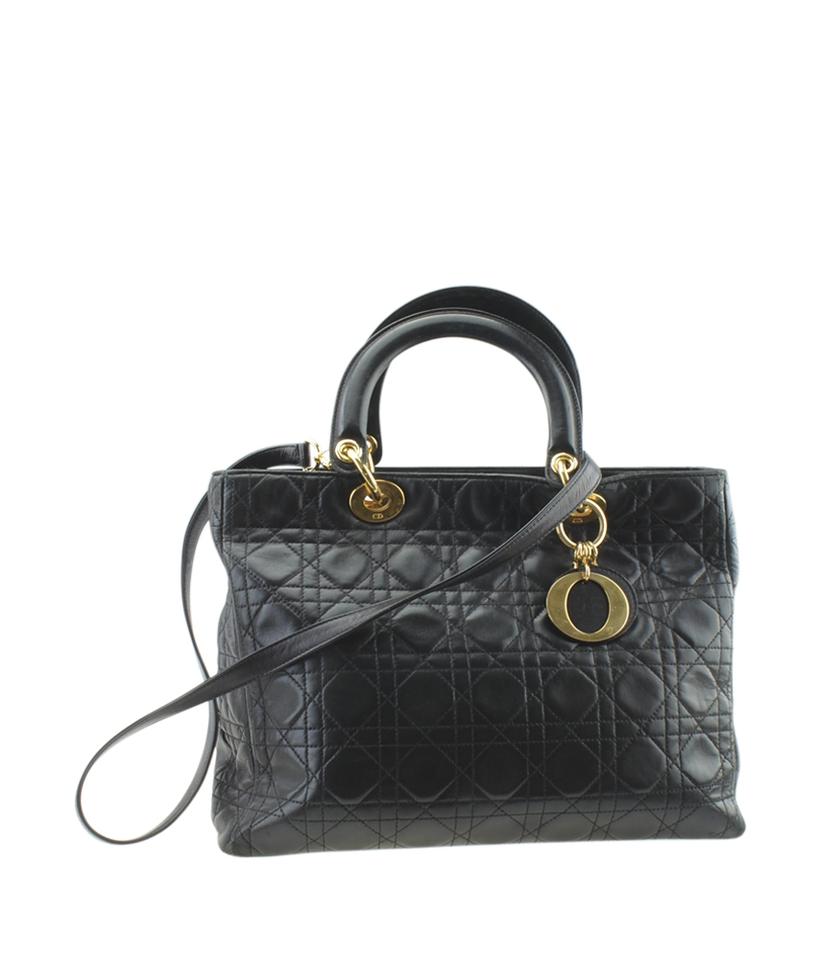 Di**r Lady Large Gold Hw Cannage Black Leather Tote