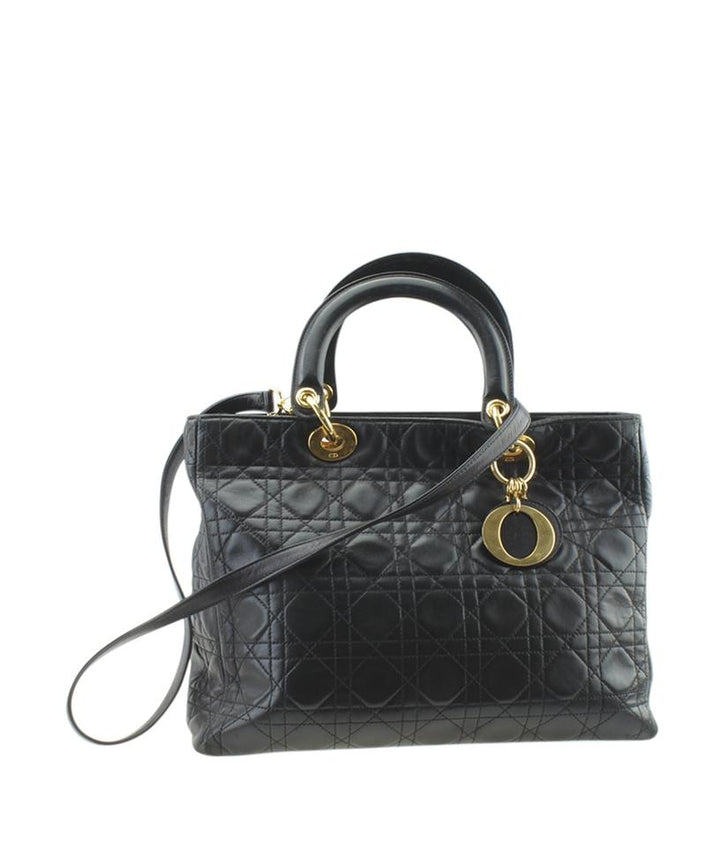 Di**r Lady Large Gold Hw Cannage Black Leather Tote