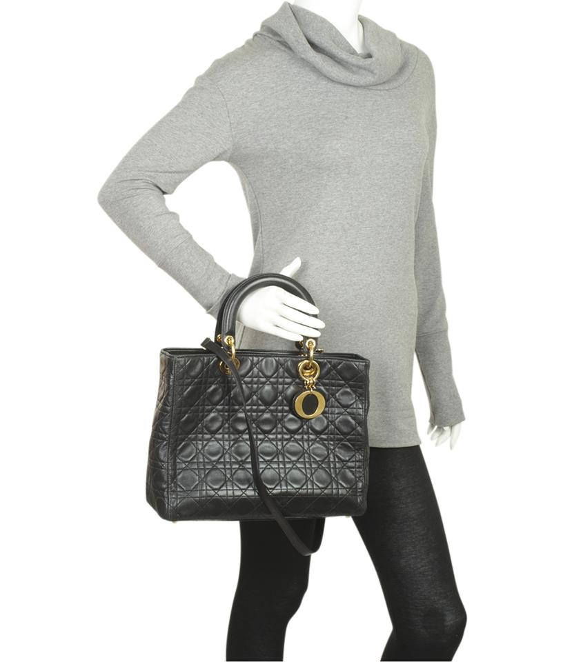 Di**r Lady Large Gold Hw Cannage Black Leather Tote