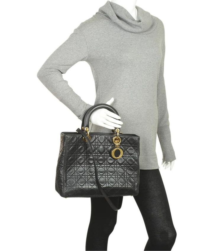 Di**r Lady Large Gold Hw Cannage Black Leather Tote