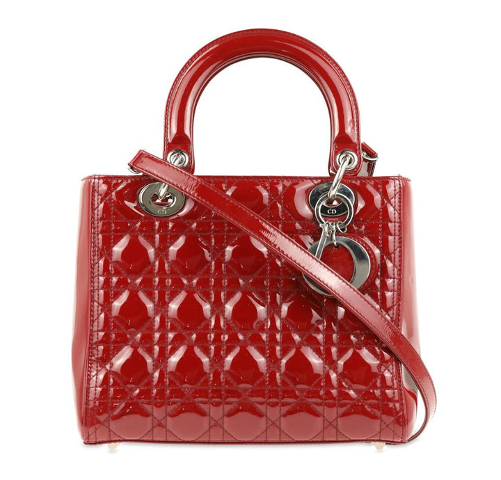 Di**r Medium Cannage Quilted Red Patent Leather Tote