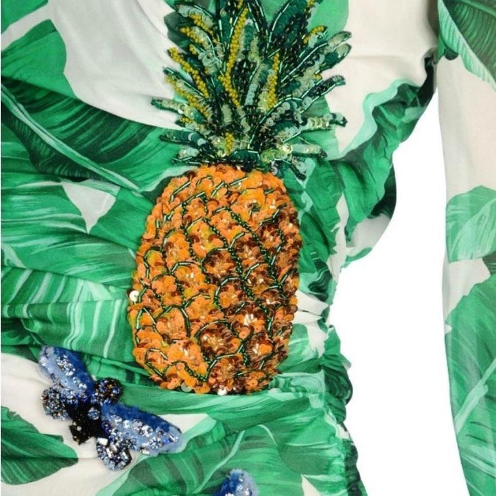 Banana Leaf-print Embellished Dress