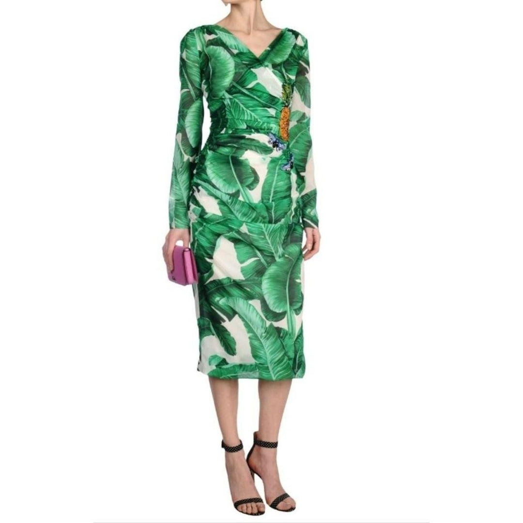 Banana Leaf-print Embellished Dress