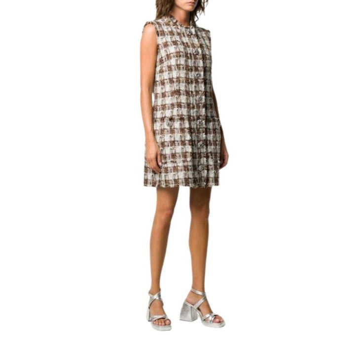 Embellished Checked Tweed Shift Dress