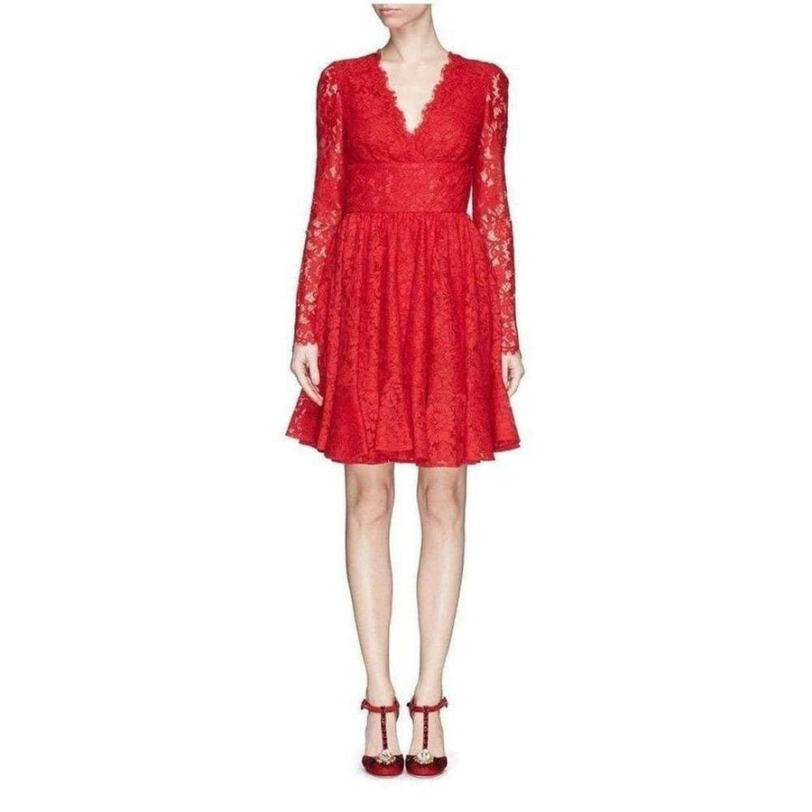 Dolce & Gabbana-Red Fringe Trimmed Lace Flounce Dress - Runway Catalog