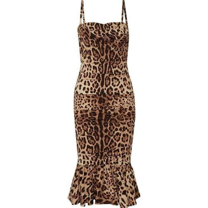 Dolce & Gabbana-Ruched Leopard Print Silk Cady Midi Dress - Runway Catalog