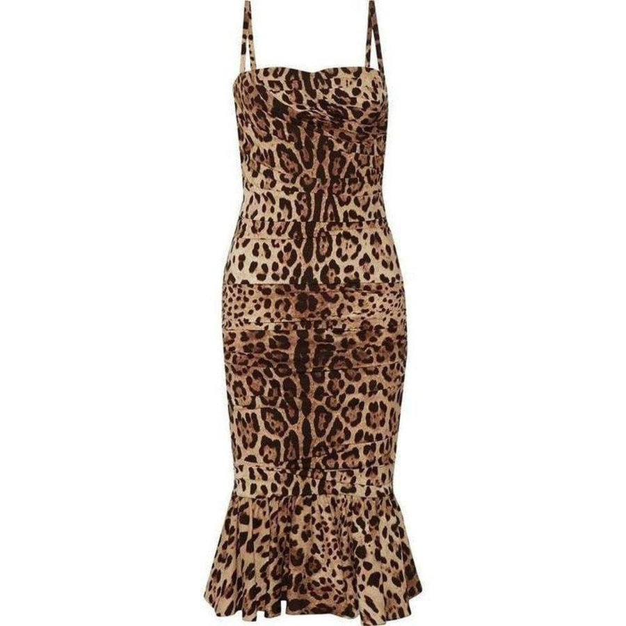 Dolce & Gabbana-Ruched Leopard Print Silk Cady Midi Dress - Runway Catalog