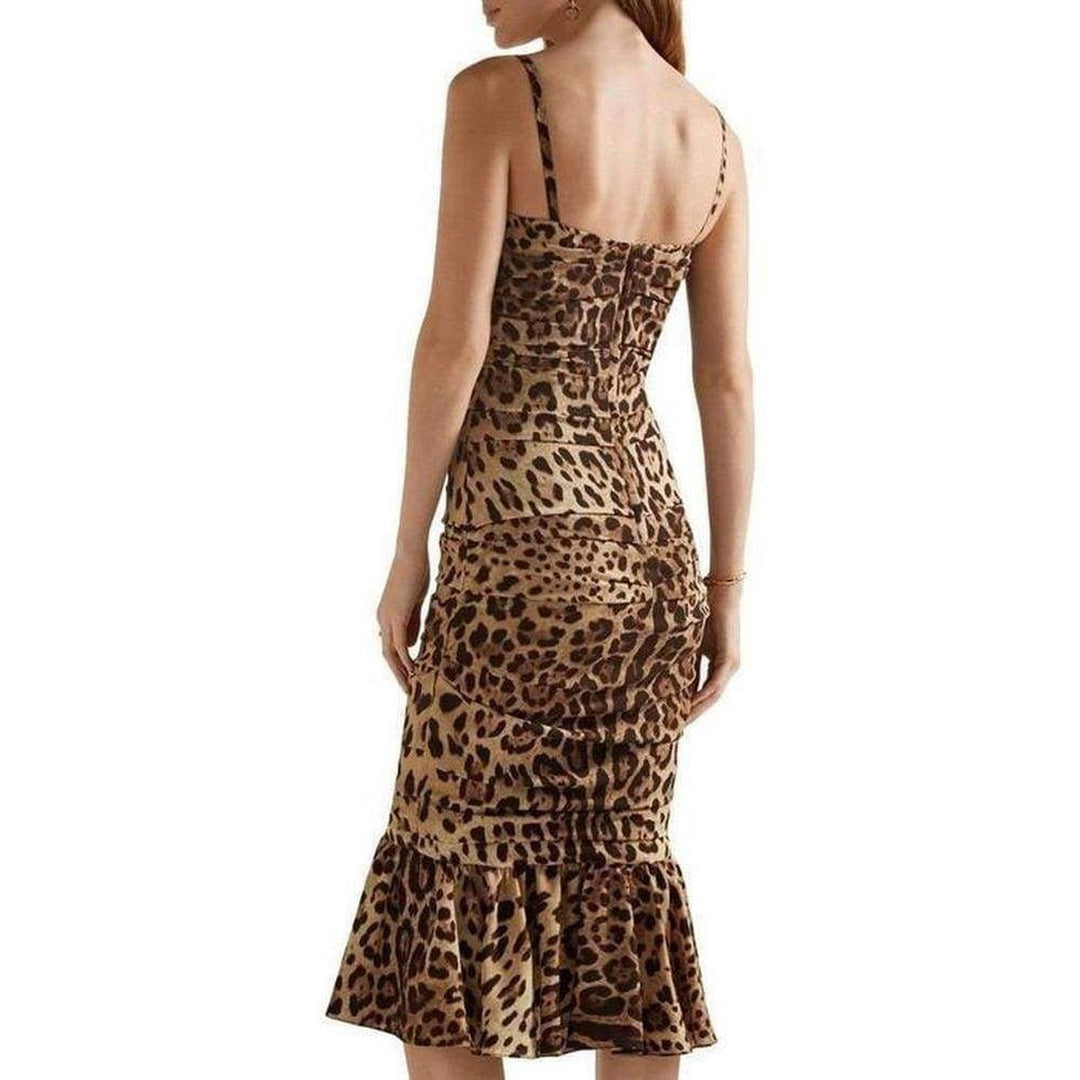 Ruched Leopard Print Silk Cady Midi Dress