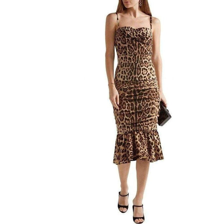 Ruched Leopard Print Silk Cady Midi Dress