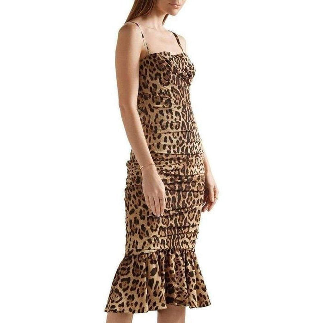 Ruched Leopard Print Silk Cady Midi Dress