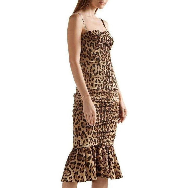 Ruched Leopard Print Silk Cady Midi Dress