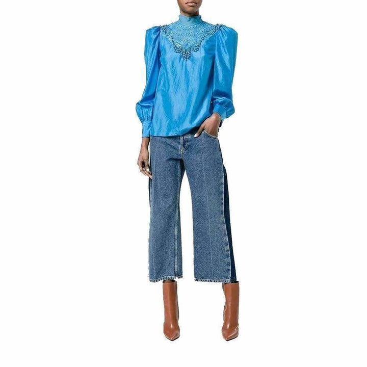 Beaded Mock-Neck Silk Blouse