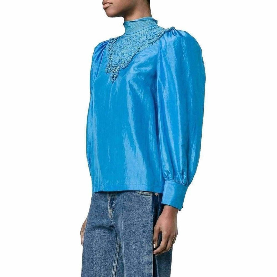 Beaded Mock-Neck Silk Blouse