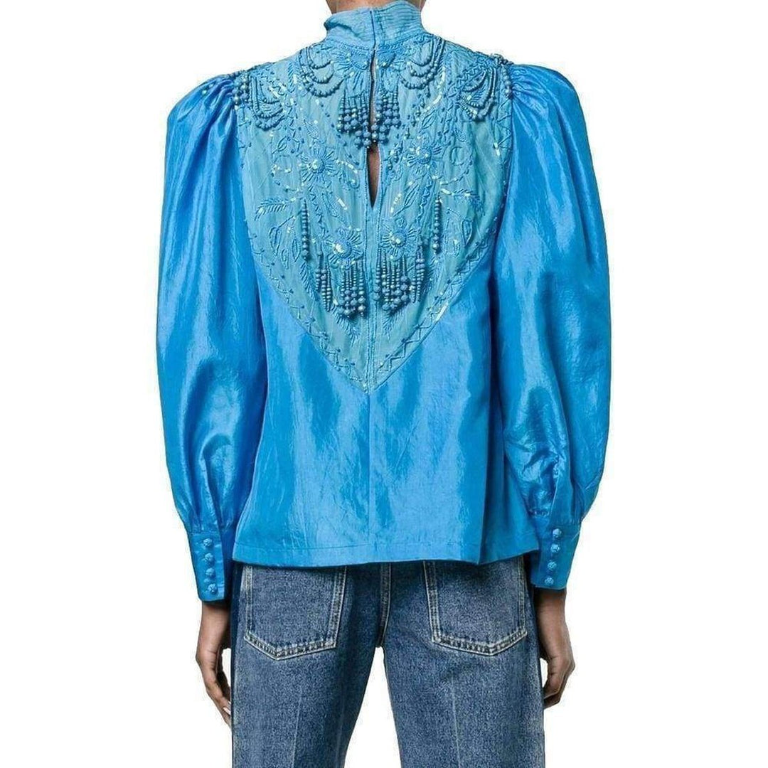 Beaded Mock-Neck Silk Blouse