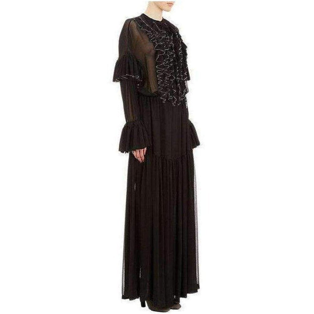 Black Beaded Ruffle Silk Chiffon Dress