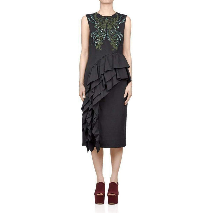 Dries Van Noten-Sequinned Asymmetric Ruffle Cotton Dress - Runway Catalog