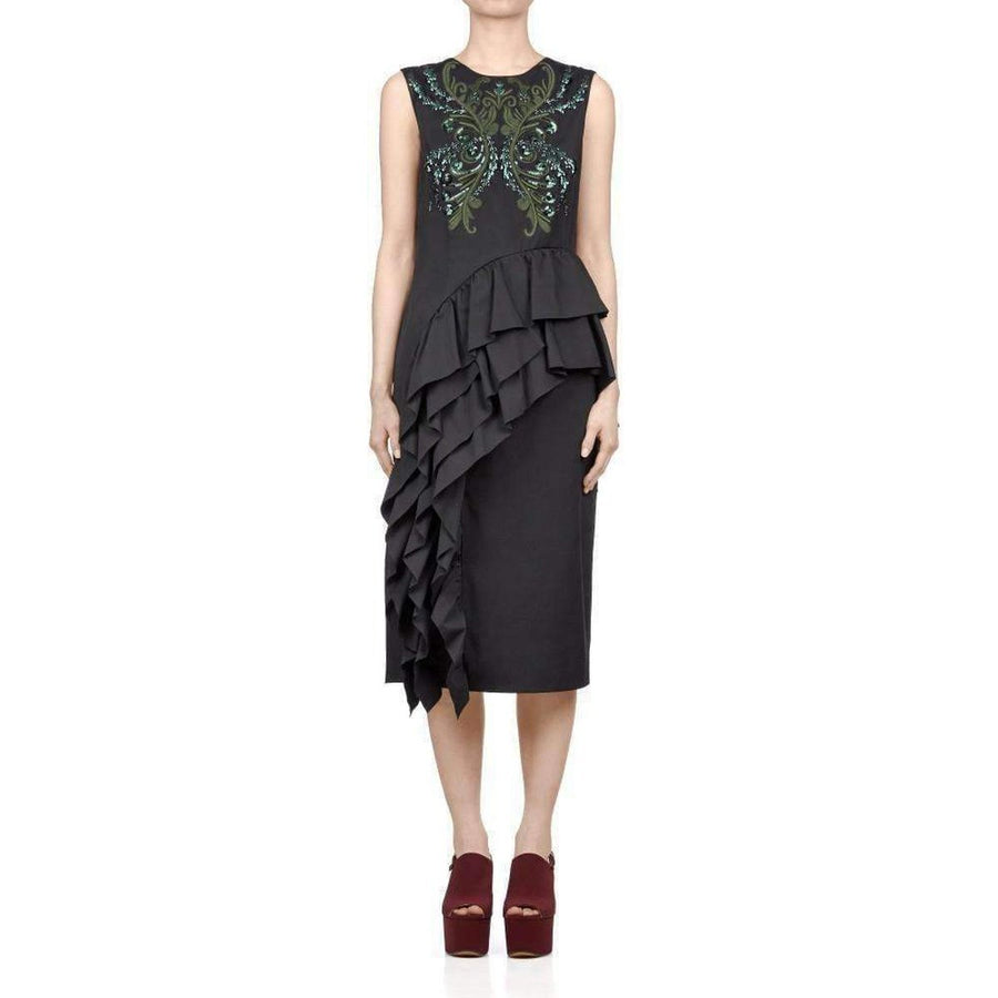 Dries Van Noten-Sequinned Asymmetric Ruffle Cotton Dress - Runway Catalog