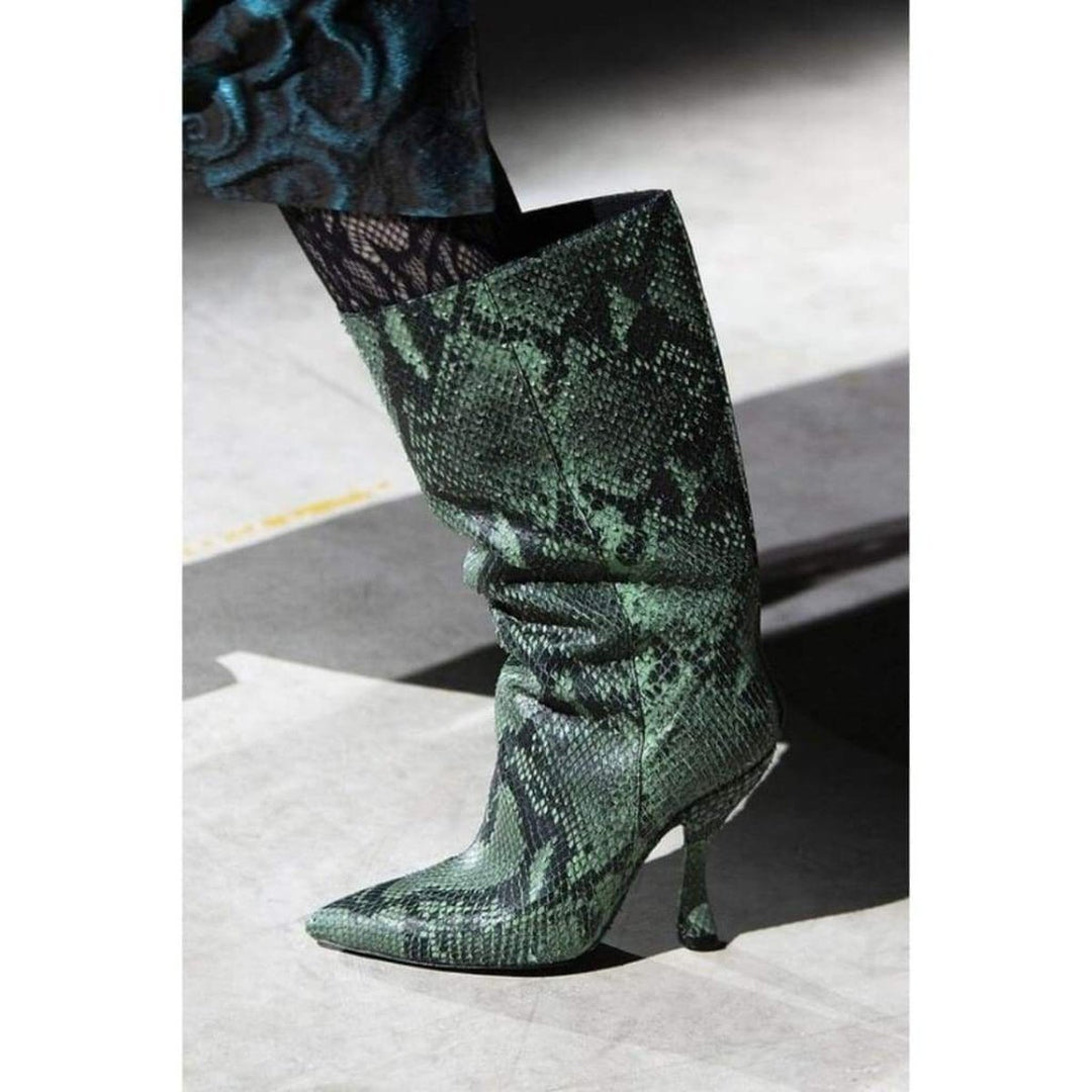 Snakeskin-Embossed Leather Knee-High Boots
