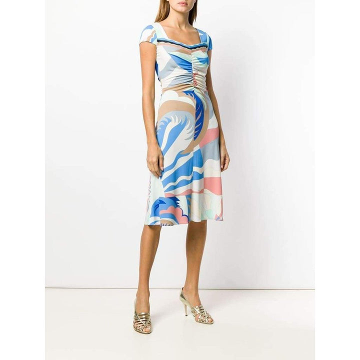Blue Acapulco Print Gathered Silk Blend Dress