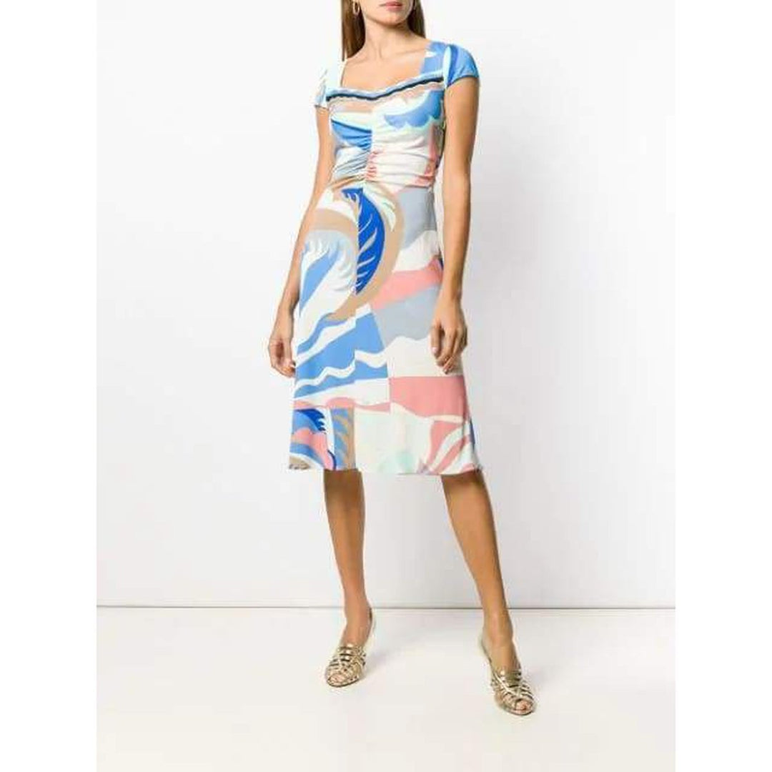 Blue Acapulco Print Gathered Silk Blend Dress