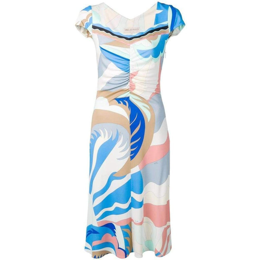 Emilio Pucci-Blue Acapulco Print Gathered Silk Blend Dress - Runway Catalog