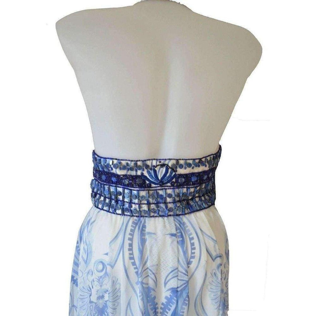 Greek Bleach Lazurite Silk Halter Gown Dress