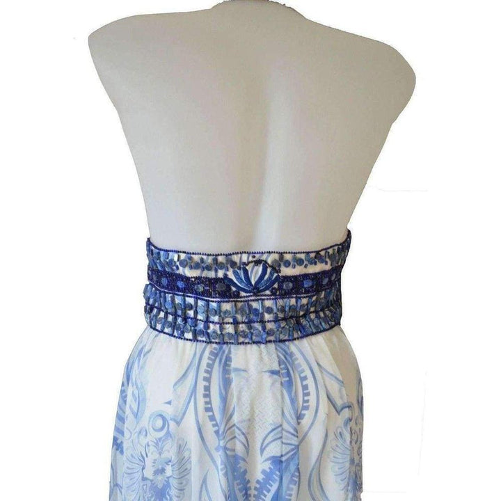 Greek Bleach Lazurite Silk Halter Gown Dress