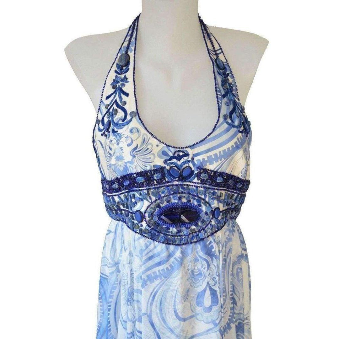 Greek Bleach Lazurite Silk Halter Gown Dress
