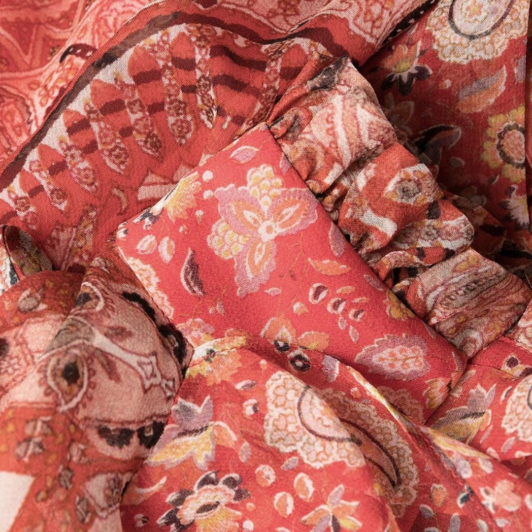 Paisley-print Ruffle Silk Gown