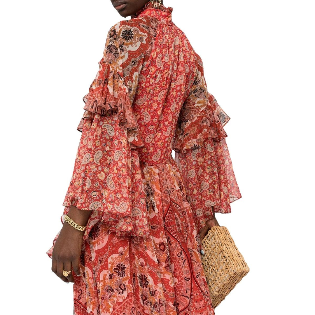 Paisley-print Ruffle Silk Gown