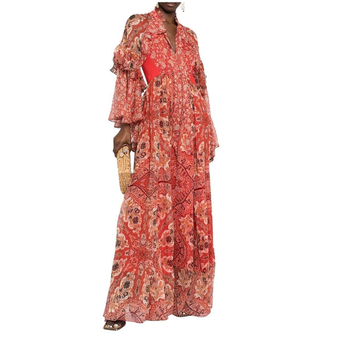 Paisley-print Ruffle Silk Gown