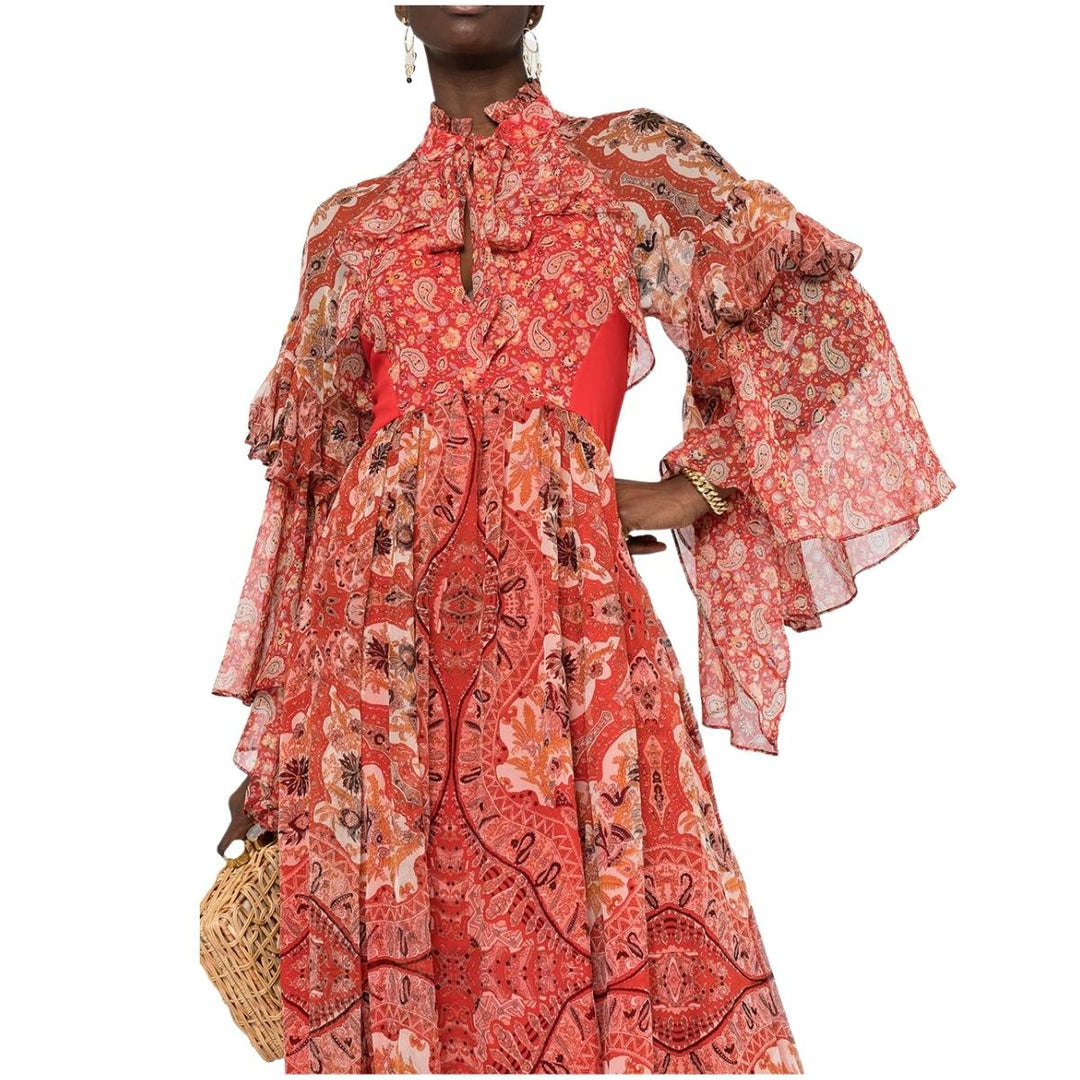 Paisley-print Ruffle Silk Gown