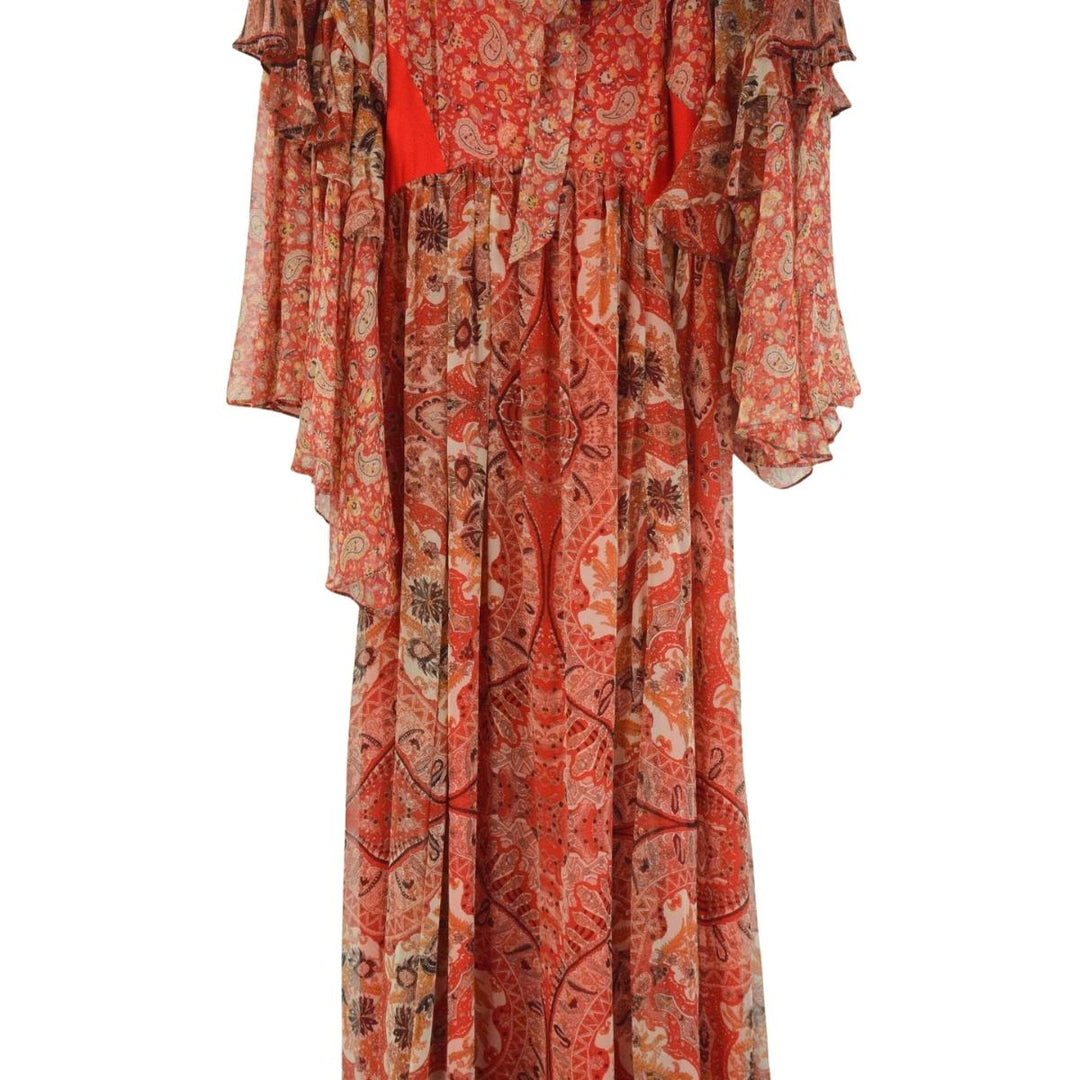 Paisley-print Ruffle Silk Gown