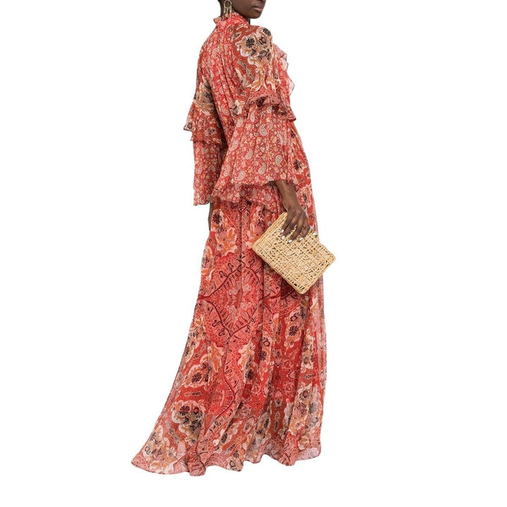 Paisley-print Ruffle Silk Gown
