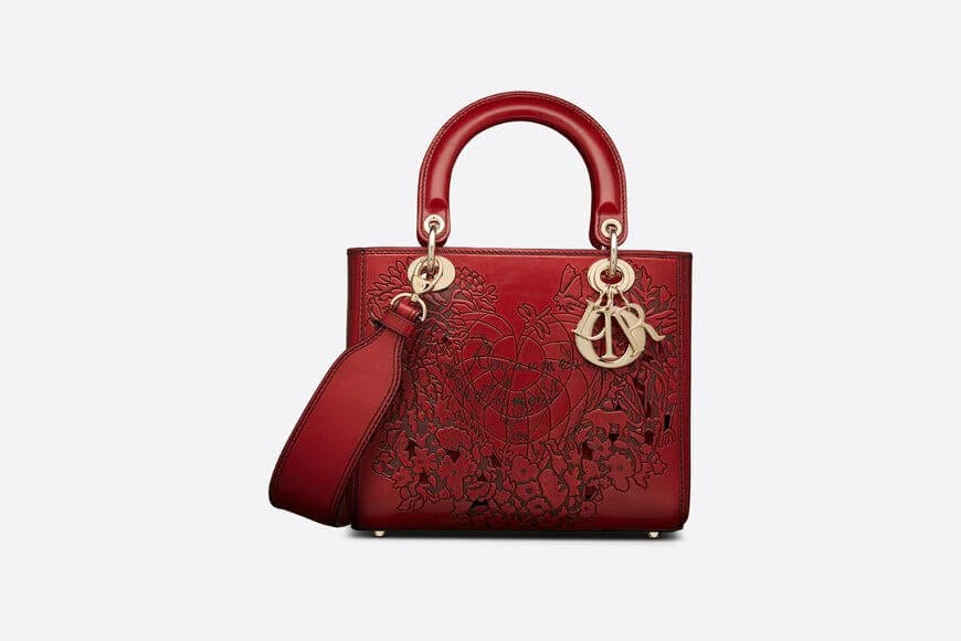 Medium Lady Di**r Bag Calfskin with Red D-Royaume d'Amour Cutouts