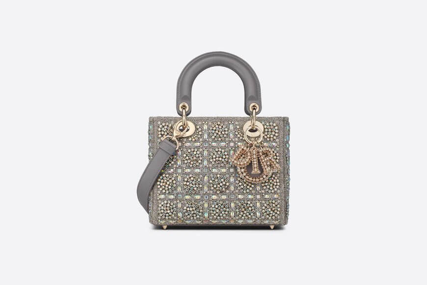 Small Lady Di**r Bag Gray Smooth Calfskin and Satin with Bead Embroidery