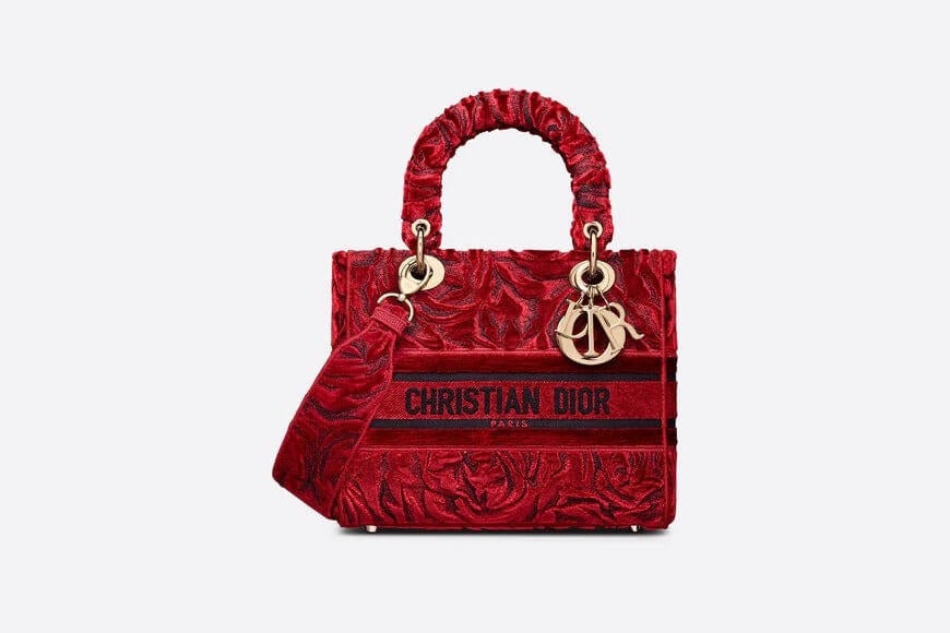 Medium Lady D-Lite Bag Red Di**r Roses Embroidered Velvet