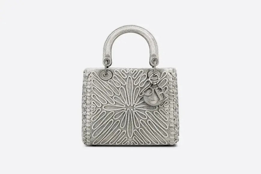 Medium Lady Di**r Couture Bag Gray Embroidered Metallic Calfskin
