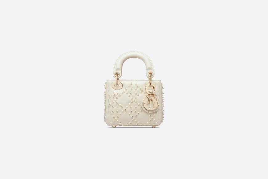 Micro Lady Di**r Bag Latte Cannage Lambskin with Resin Pearls