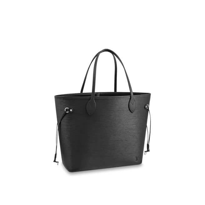 Neverfull MM Black Leather Medium Tote, Brown Handles | L*V