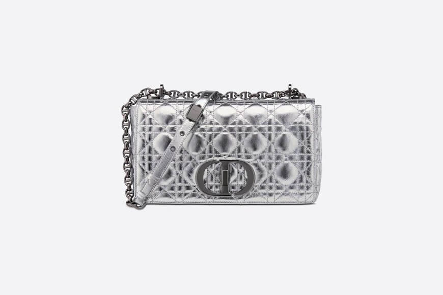 Medium Di**r Caro Bag Silver-Tone Di**r Spatial Crinkled Metallic Calfskin