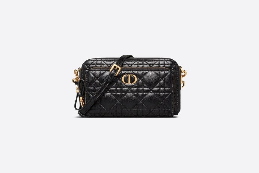 Di**r CARO DOUBLE POUCH Black Supple Cannage Calfskin