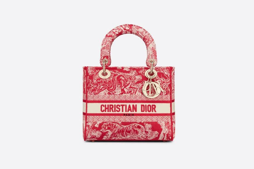 Medium Lady D-Lite Bag Raspberry Toile de Jouy Reverse Embroidery