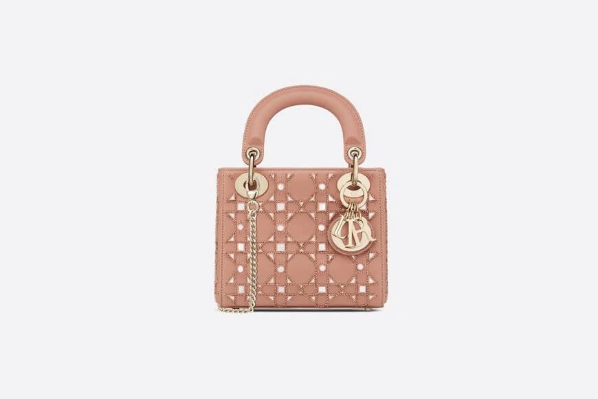 Mini Lady Di**r Bag Rose Des Vents Calfskin with Cannage Embroidery in Threaded Pearls