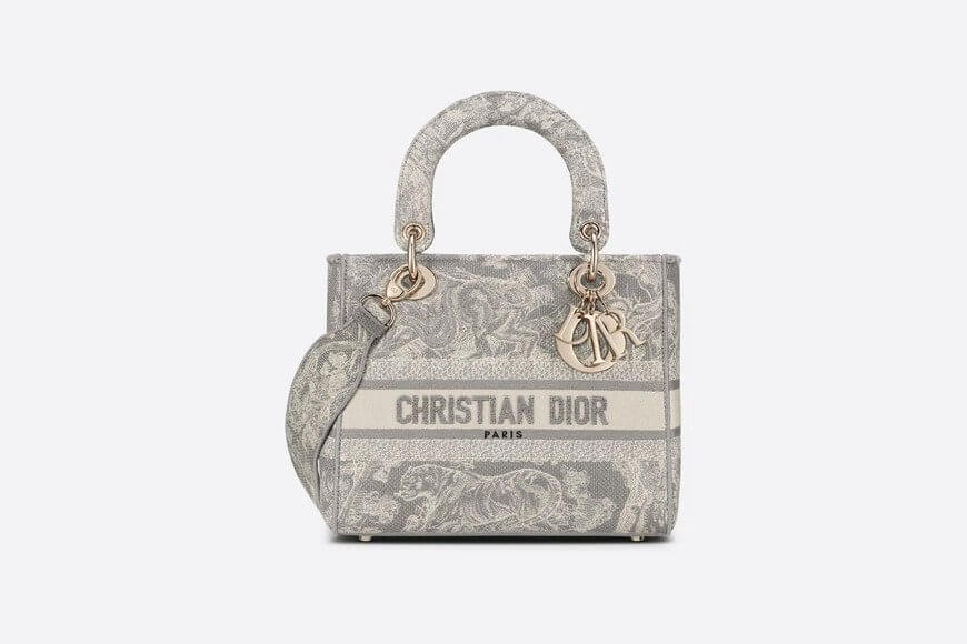 Medium Lady D-Lite Bag Gray Toile de Jouy Reverse Embroidery
