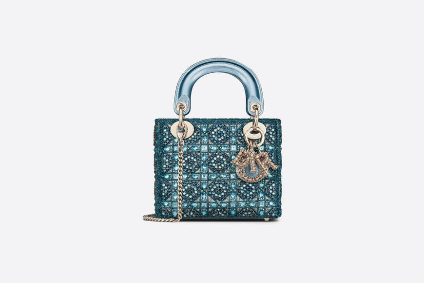 Mini Lady Di**r Bag Metallic Calfskin and Satin with Celestial Blue Bead Embroidery
